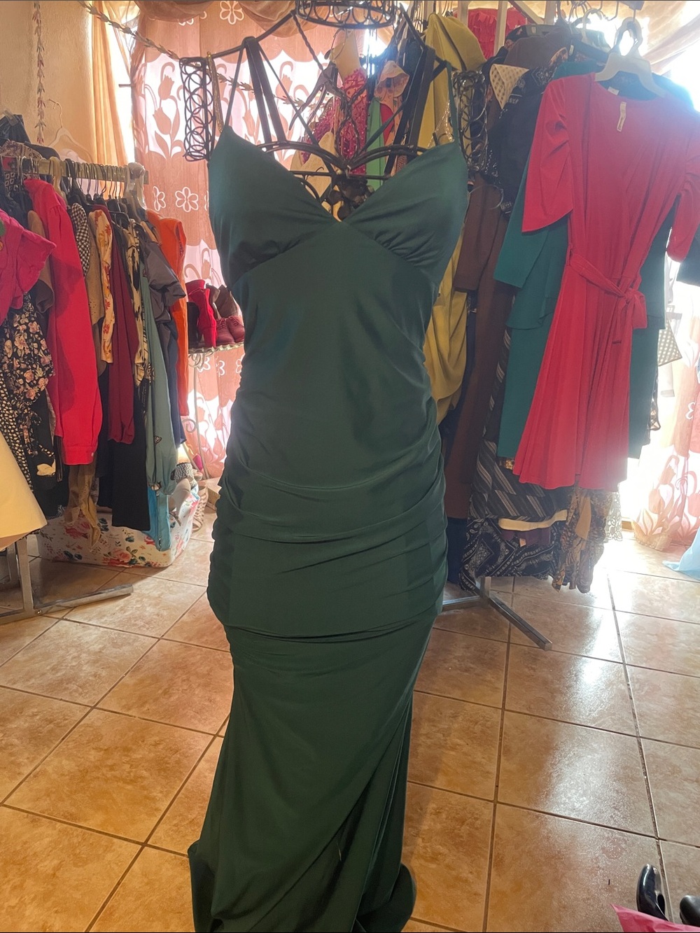 Crystal Doll Deep Green Maxi Dress with Spaghetti Straps